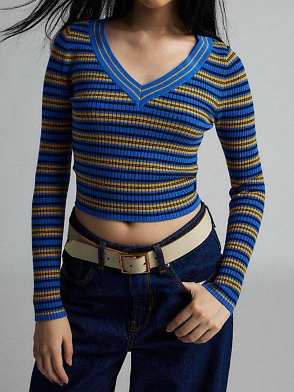 BDG Striped V‑Neck Ribbed Sweater in Blue, Yellow & Black